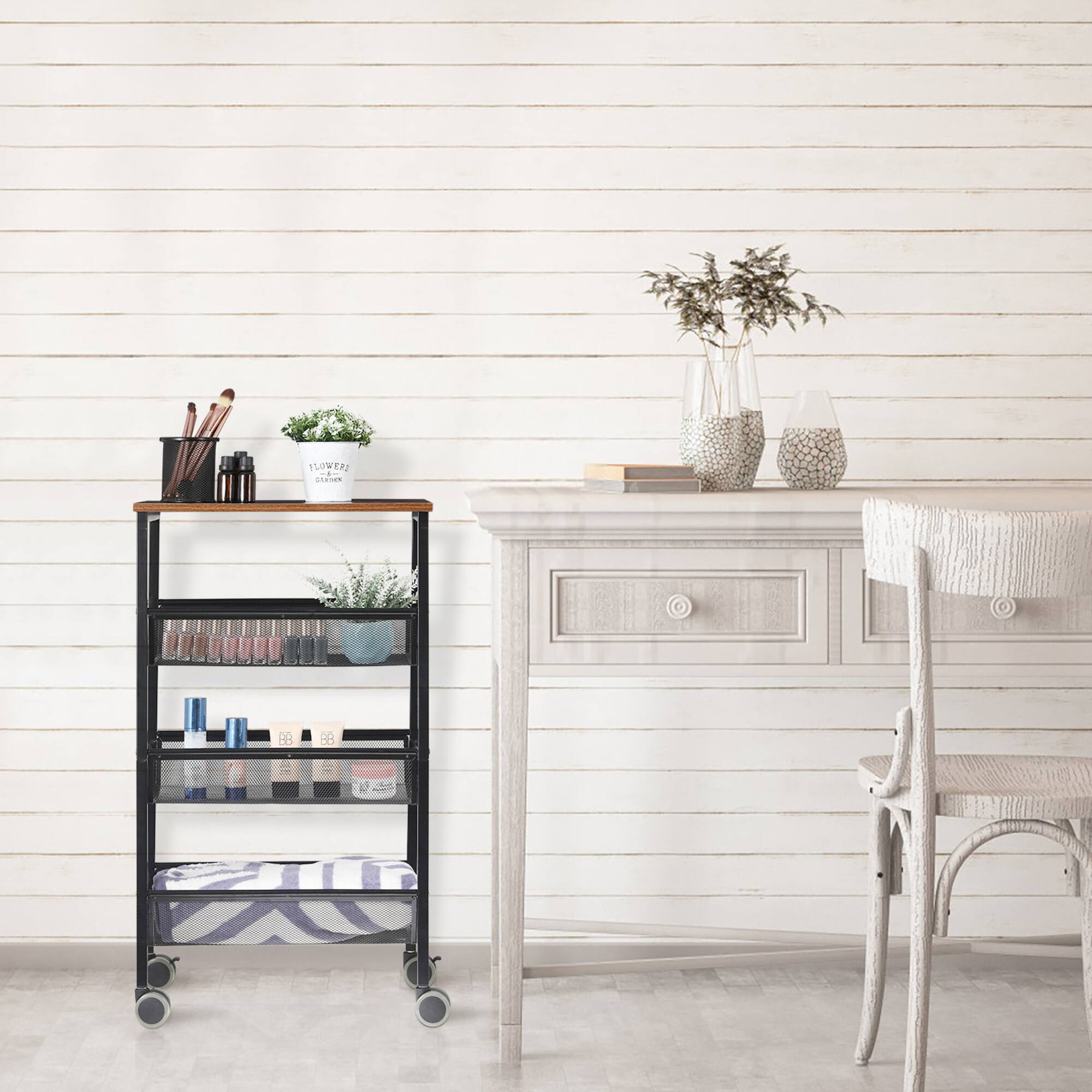 Black Rustic 3-Tier Metal Wire Storage Kitchen Cart on Wheels